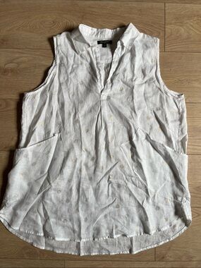 For Cynthia White Linen Sleeveless Blouse with Pale Dot Detail